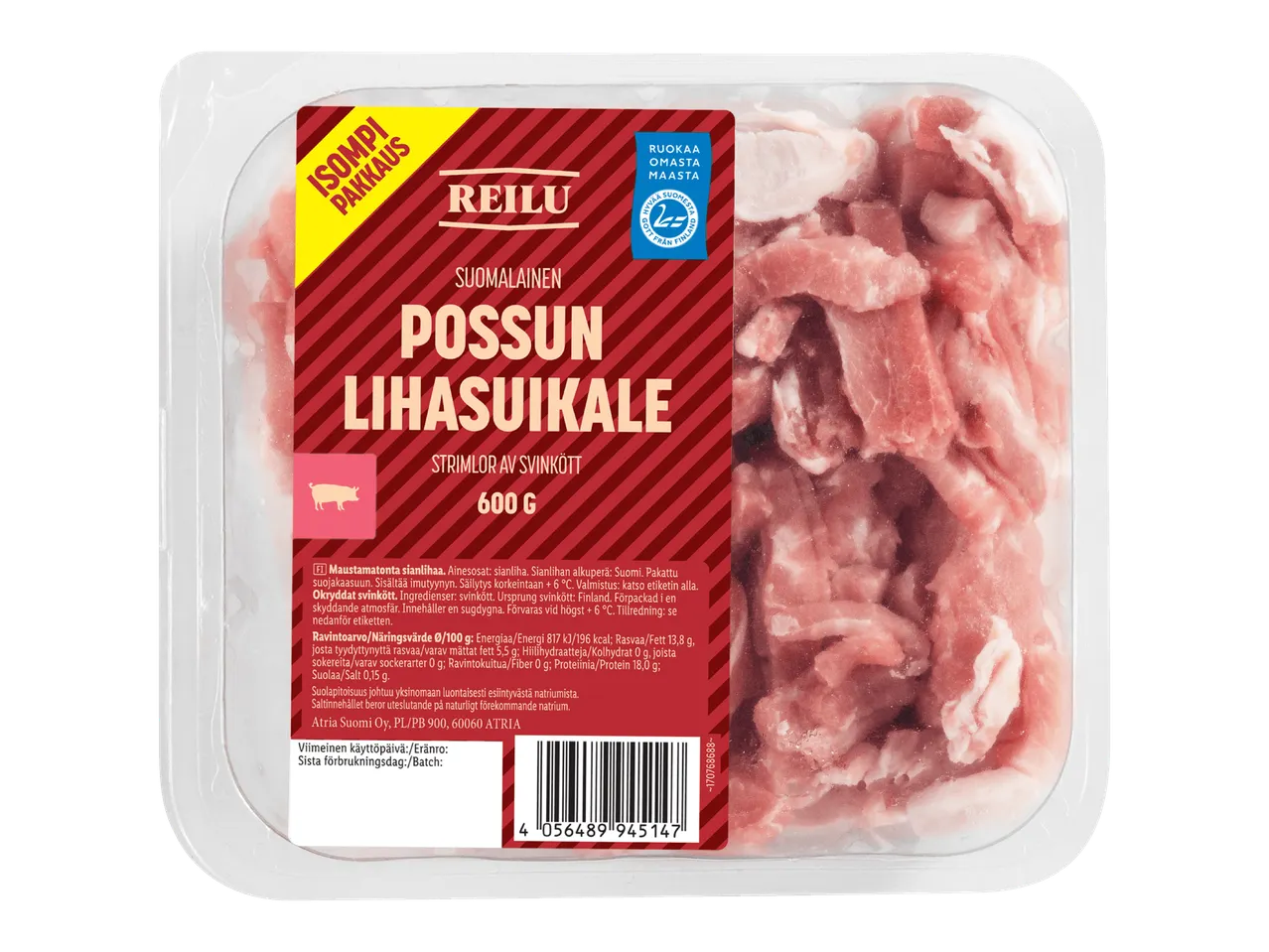 Pakkaus suomalaista possun lihasuikaletta.