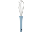 A light blue whisk with a silicone handle and stainless steel wires.