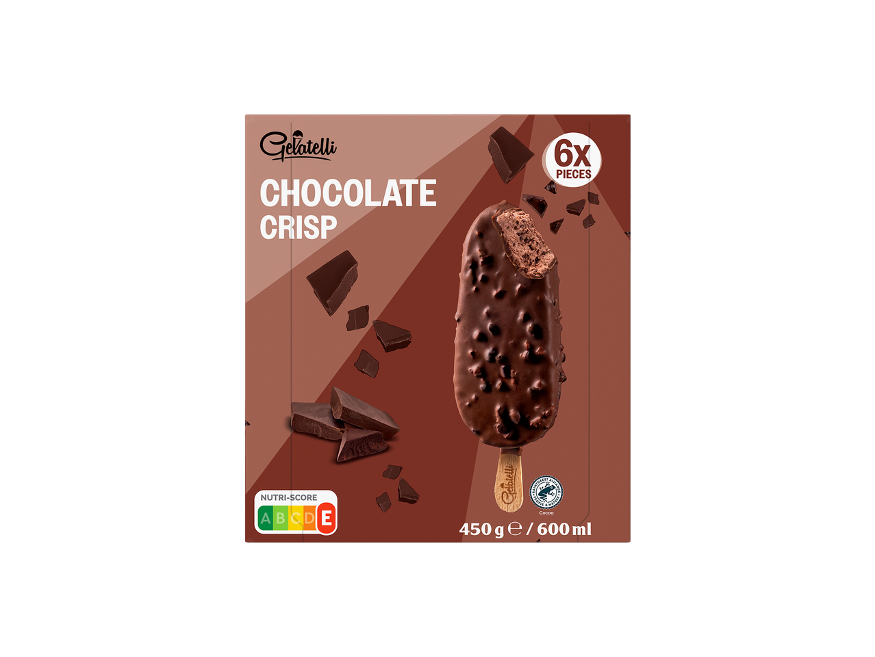 Barras de gelado crocantes de chocolate, 6 unidades, com Nutri-Score E e cacau Rainforest Alliance.