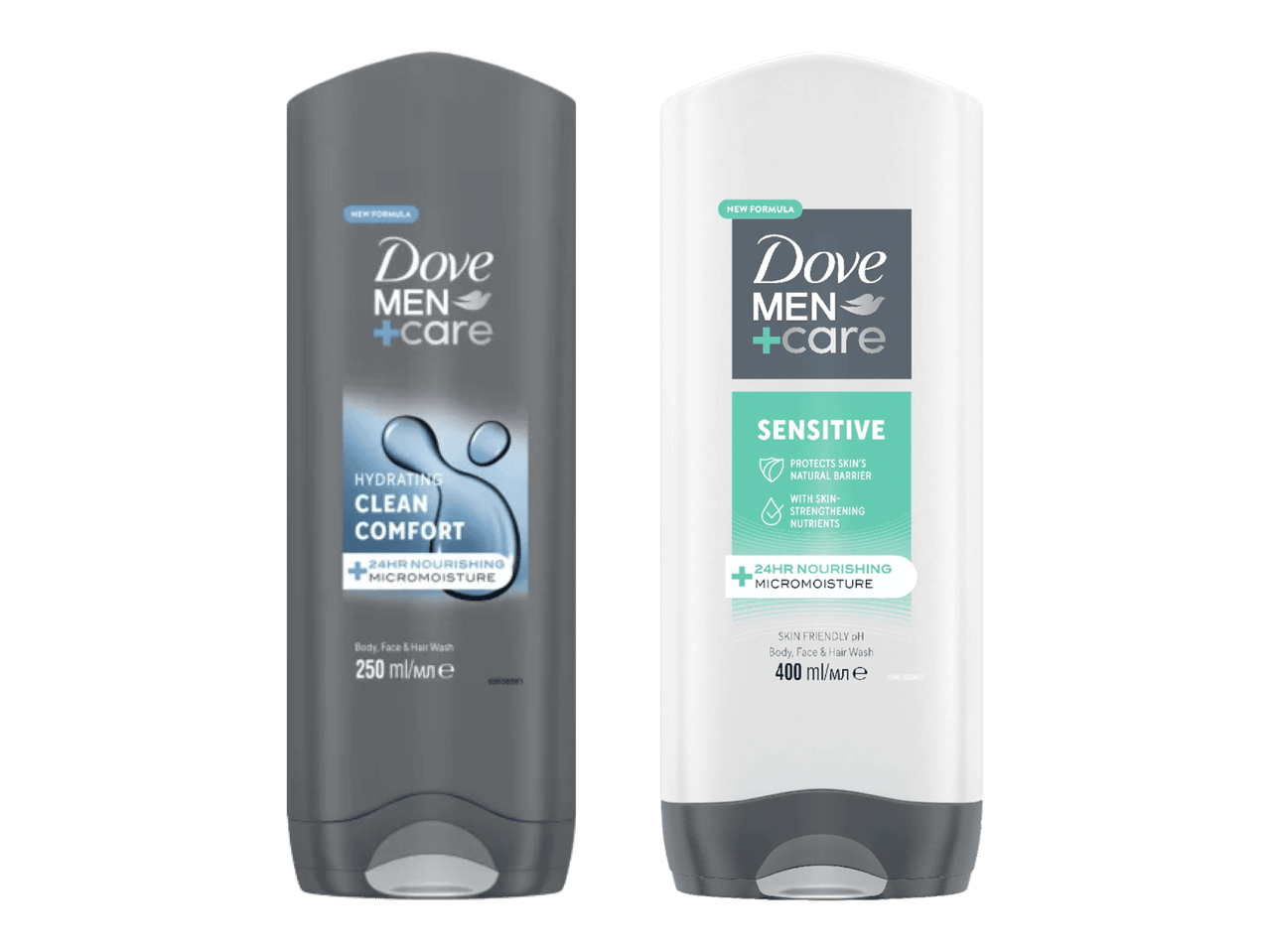 Kaksi Dove Men+Care -suihkugeelipulloa: Hydrating Clean Comfort ja Sensitive.