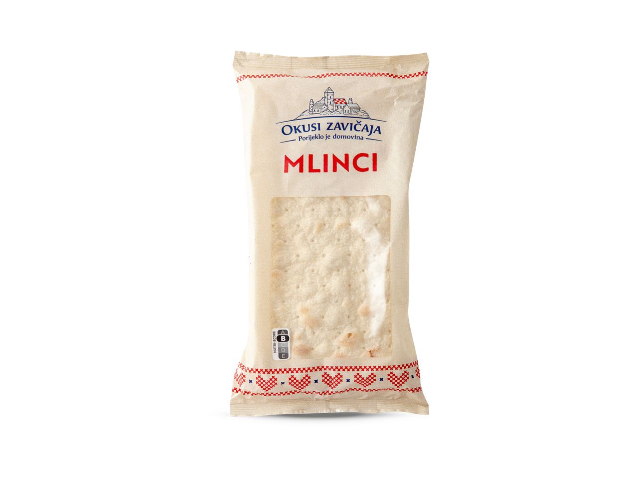 Pakiranje Okusi Zavičaja Mlinci s Nutri-Score B oznakom.
