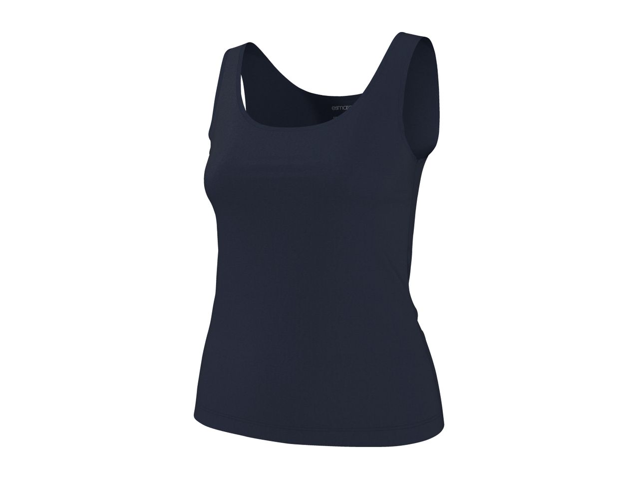 Dark blue women's tank top with a scoop neck, shown on a white background.