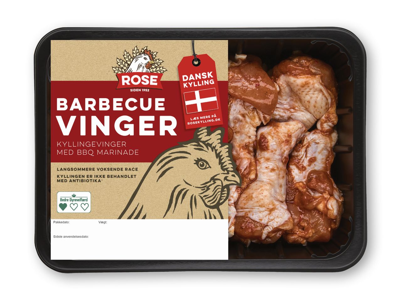 Biotiful BBQ kyllingevinger i en sort plastikbakke.