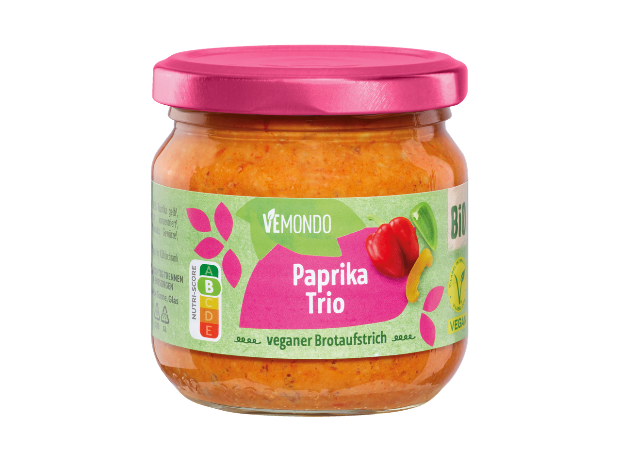 Vemondo Paprika Trio: veganer Bio-Brotaufstrich im Glas.