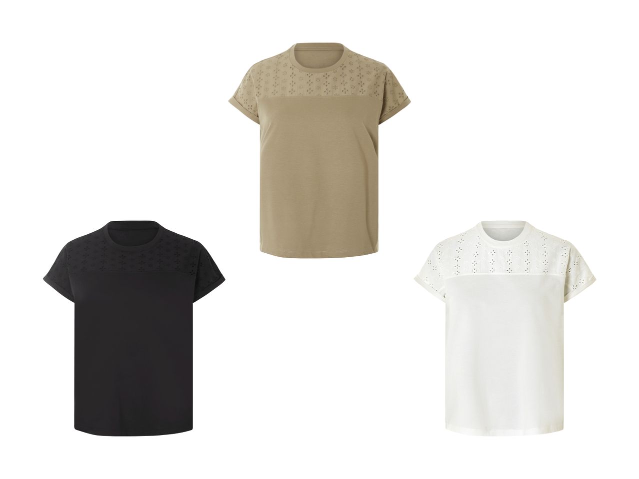 Tre forskellige farver af en kortærmet t-shirt med broderi på skuldrene.