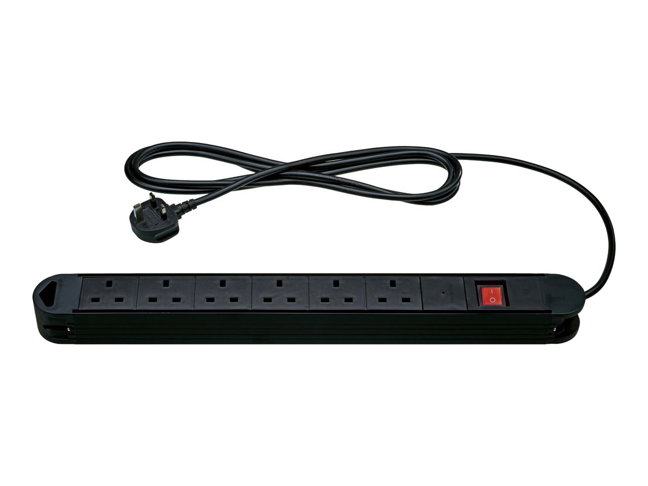 Black 6-way extension lead with a UK plug and red power switch.