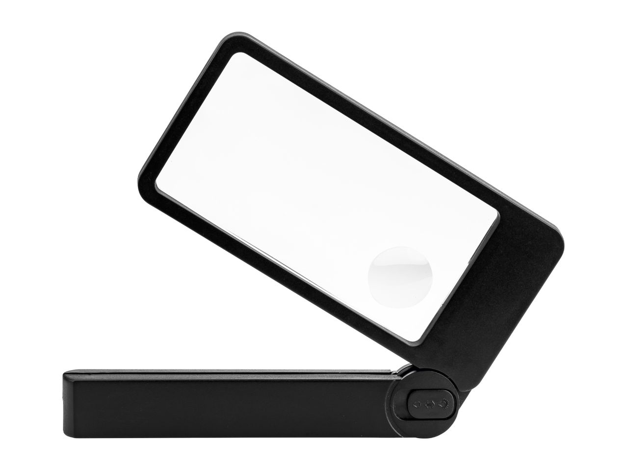 Black rectangular magnifying glass with a small circular lens and a light switch.