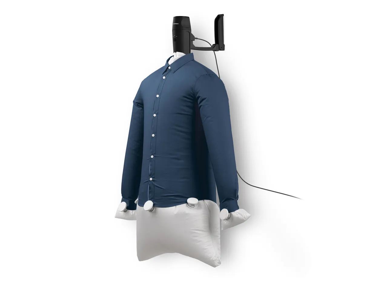 CLEANMAXX Likalnik za srajce: engomador de camisas preto com camisa azul em fundo branco.
