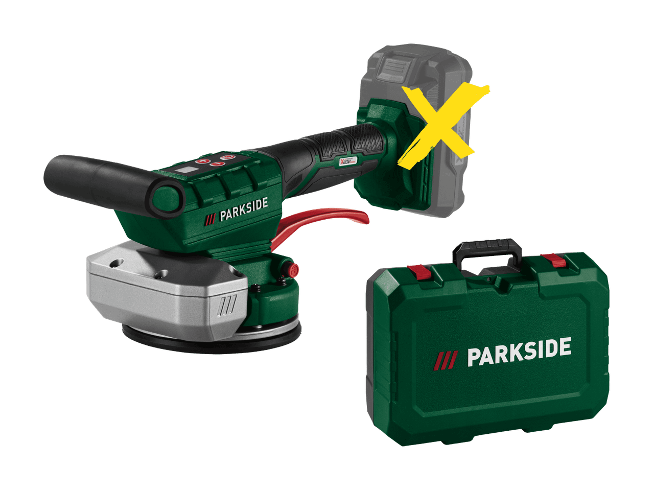 Levigatrice a batteria verde con impugnatura e valigetta, batteria non inclusa.