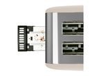 A close-up shows a USB flash drive inserted into a dual-slot card reader.