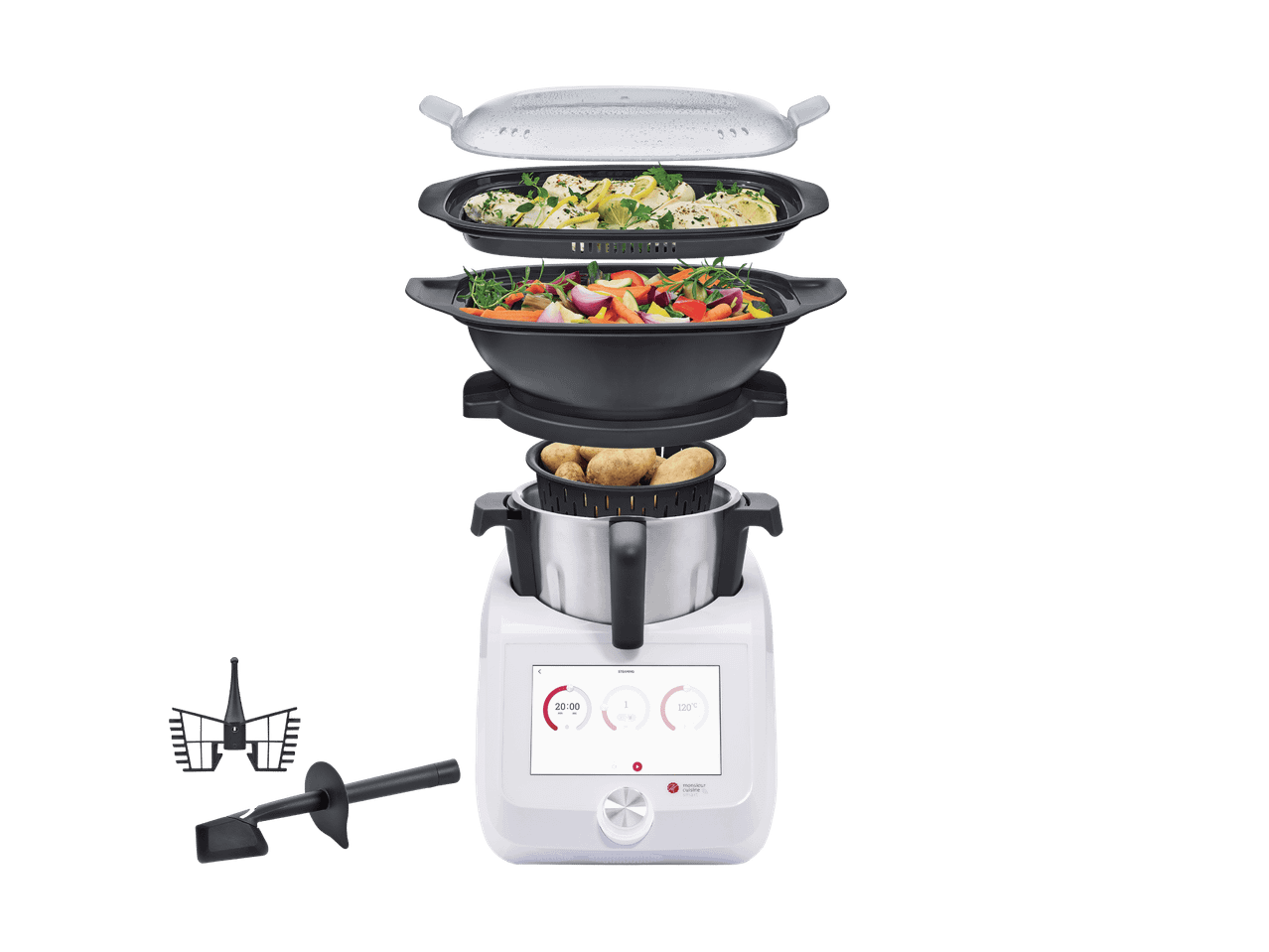 Monsieur Cuisine Küchenmaschine mit Dampfgar- und Mixzubehör.