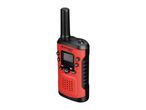 Red and black walkie-talkie with a screen and buttons, angled view.