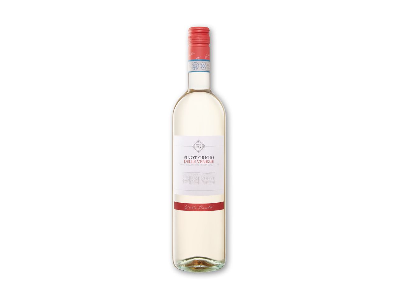 Hvidvin med rød etiket, der viser 'Pinot Grigio Delle Venezie'.