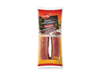 Pakke med krydret chorizo, der viser hele pølser og skiver, med teksten 'Chorizo extra picante' og 'Spicy Chorizo'.