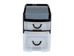A black and clear plastic two-drawer organizer with rope handles.