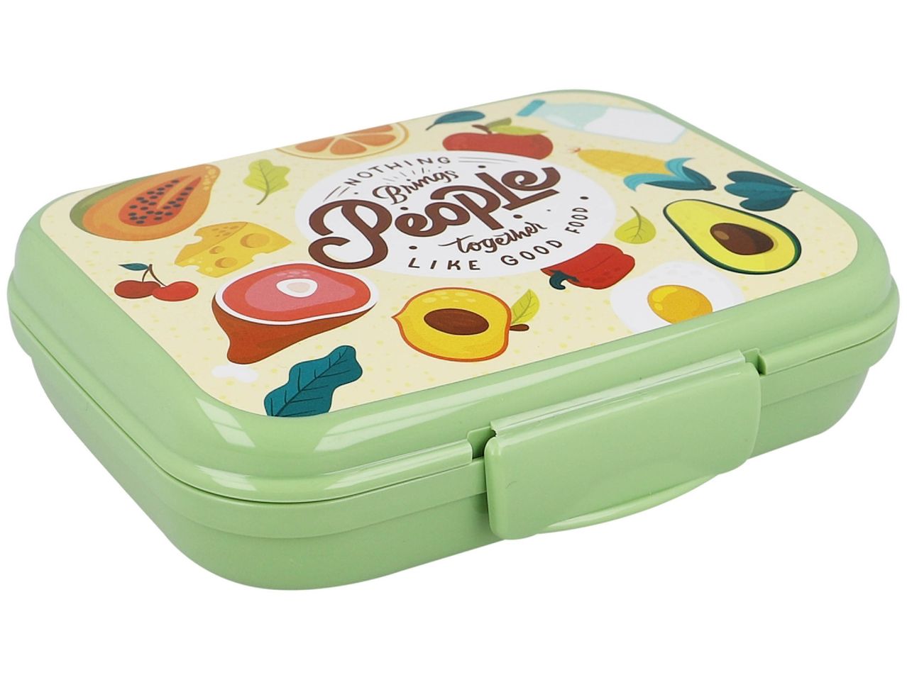 Contenitore per il pranzo verde con illustrazione di cibo e la frase 'Nothing Brings People Together Like Good Food'.