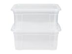 Two stacked clear plastic storage boxes with lids