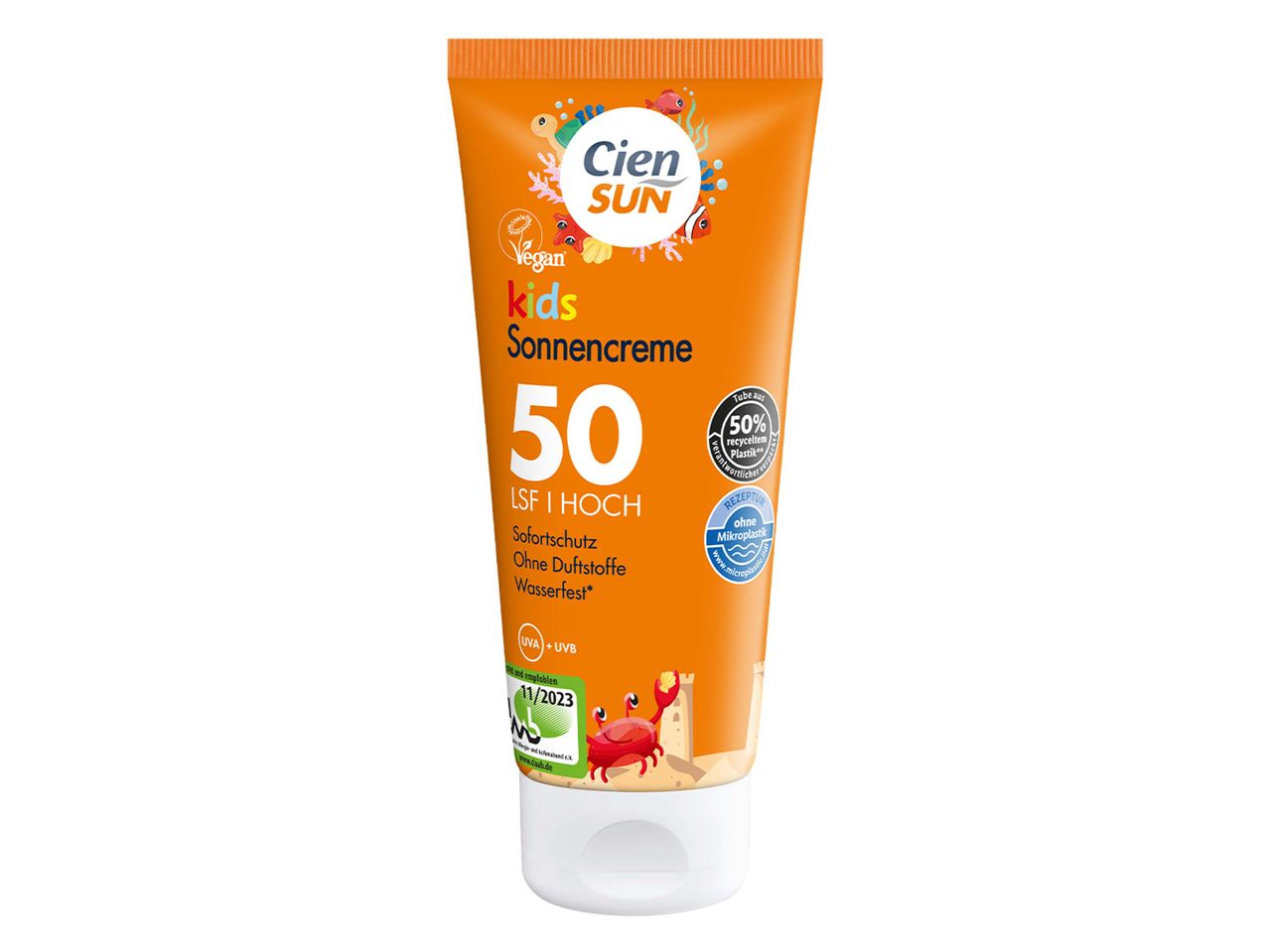 Cien Sun Kinder Sonnencreme LSF 50, wasserfest, ohne Duftstoffe.