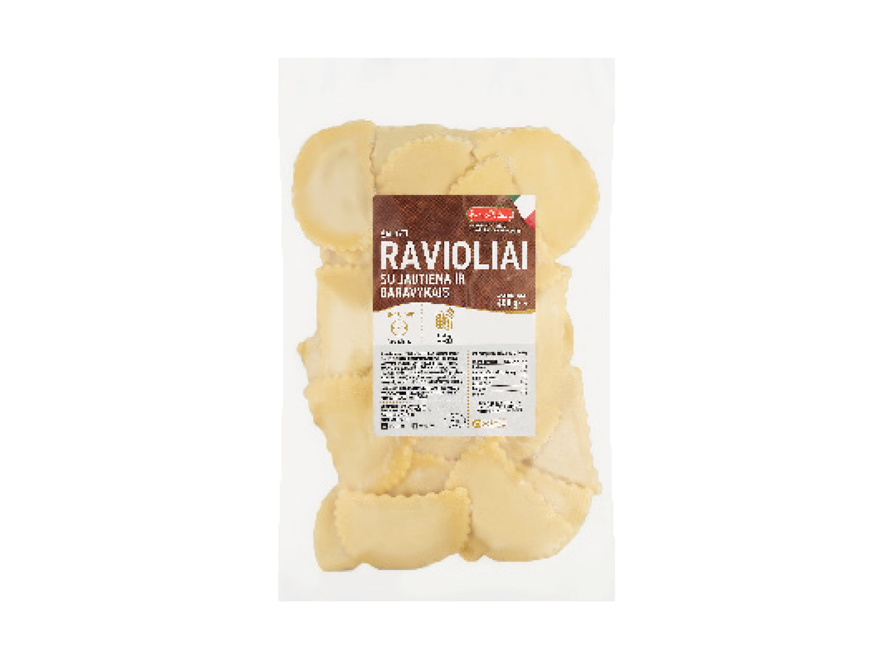 Pakuotėje yra 'Ravioli' prekės ženklo ravioli blynelių.
