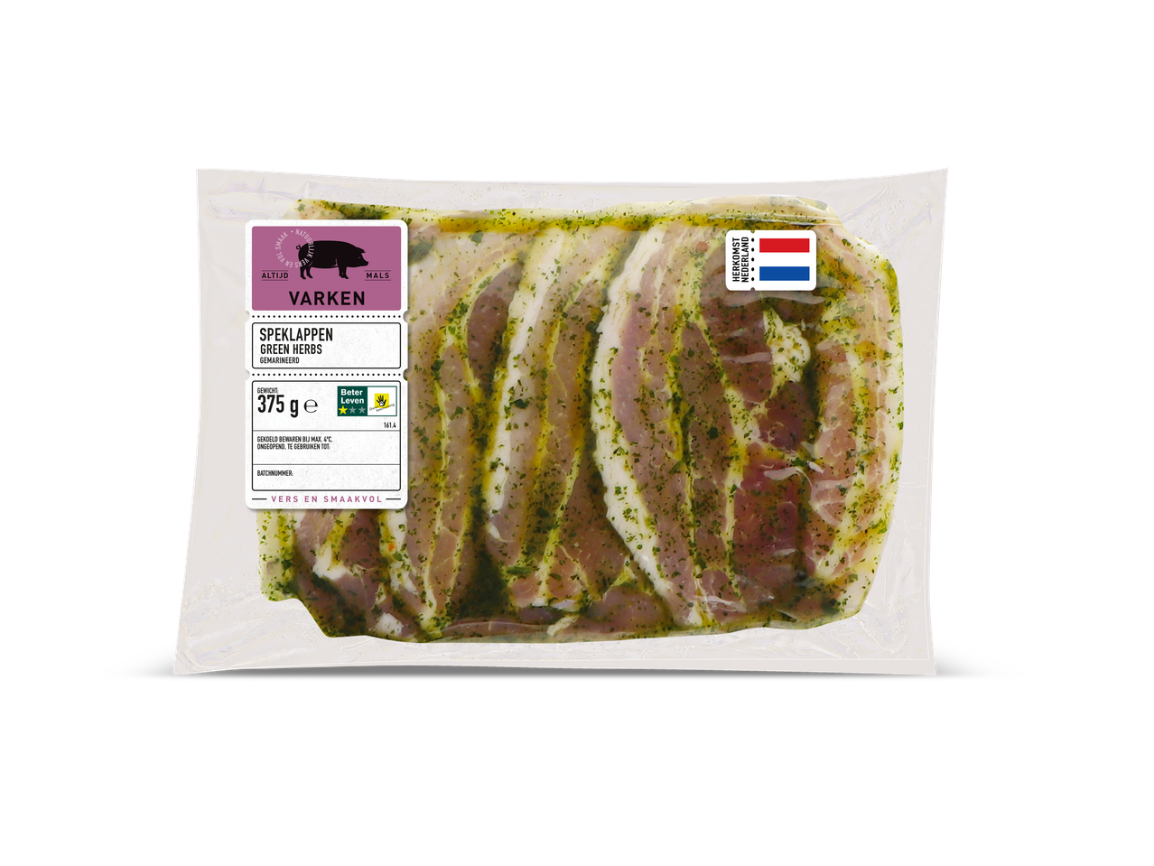 Verpakte, gemarineerde varkenspeklapjes met groene kruiden van Beter Leven.