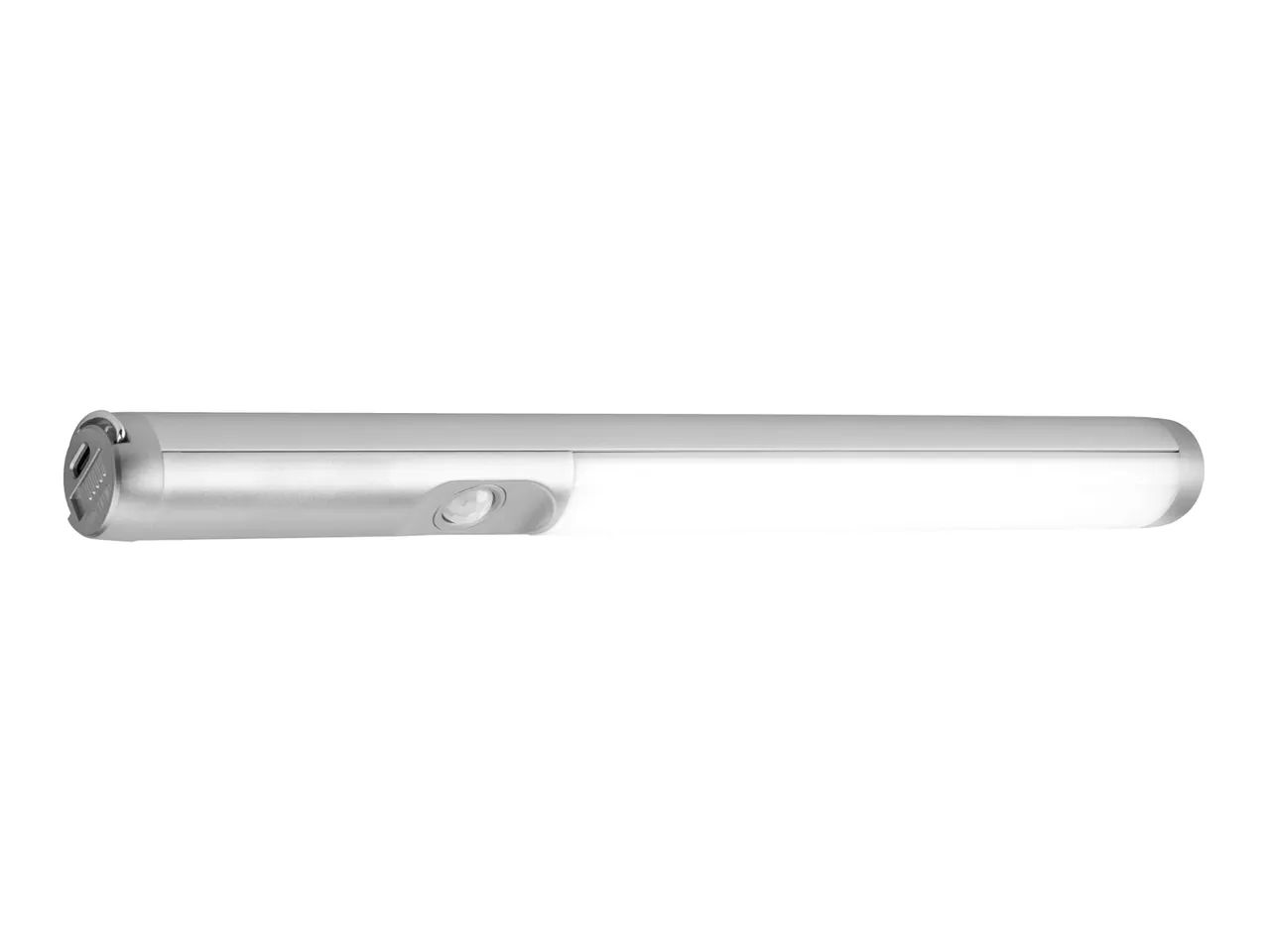 A silver LED under-cabinet light with a motion sensor.