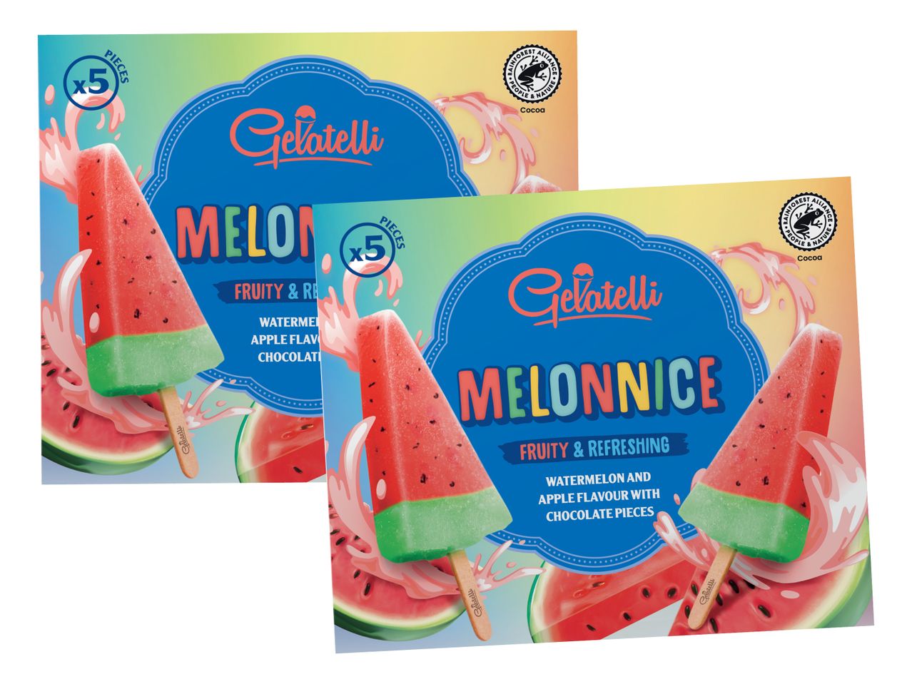 Dva paketa sladoleda Melonnice v obliki trikotnika.