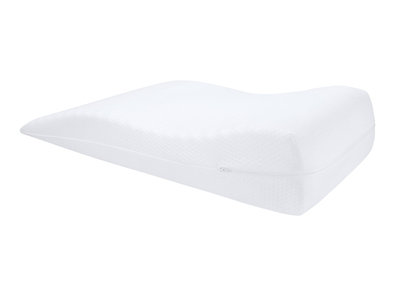 White ergonomic pillow with a zipper, designed for neck and back support.