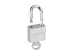An unlocked Parkside padlock with its key.