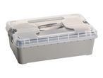 A gray plastic storage box with a clear lid and a metal handle.