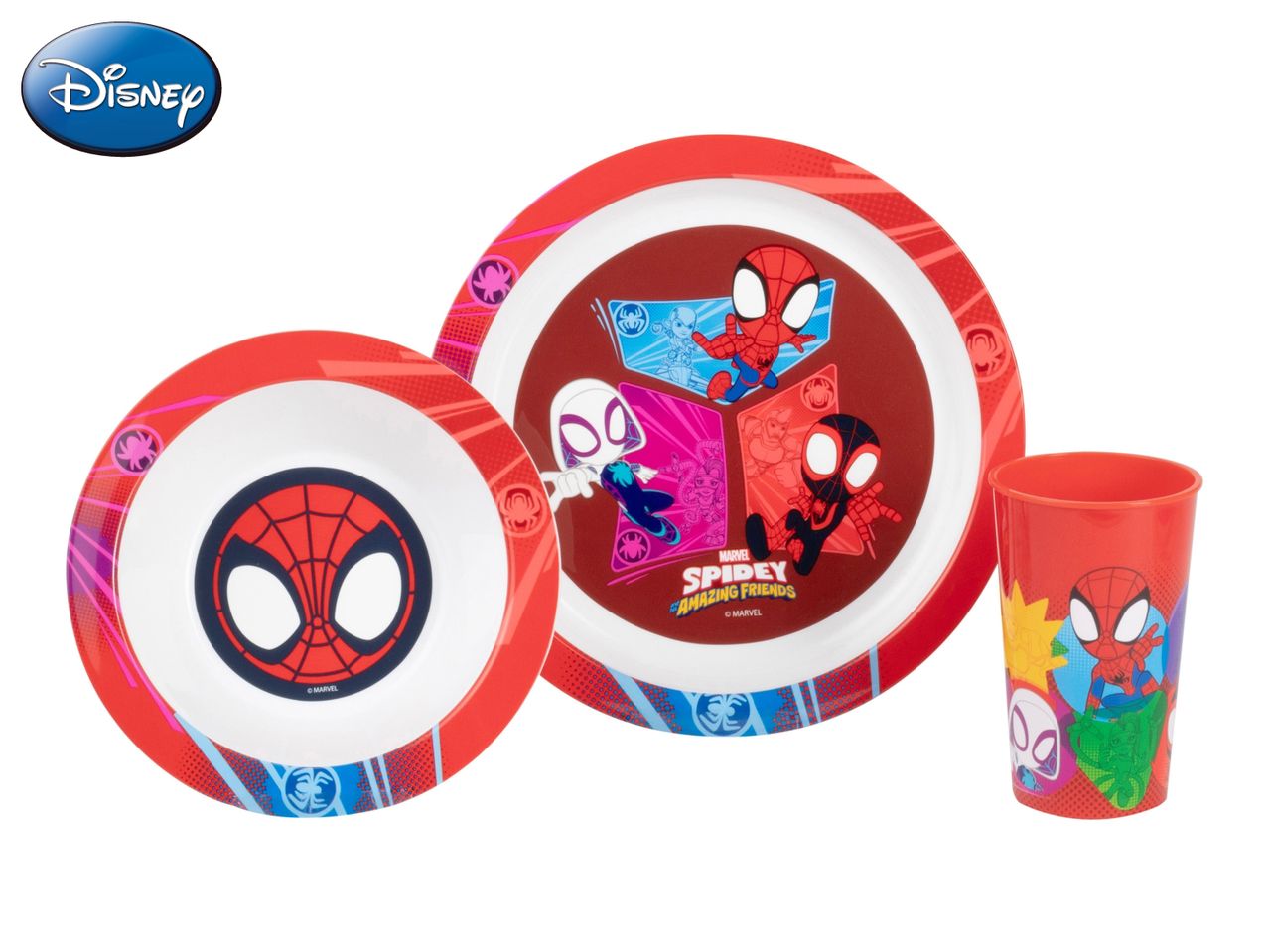 Disney Spider-Man kids' 3-piece melamine dinner set: plate, bowl, and cup.