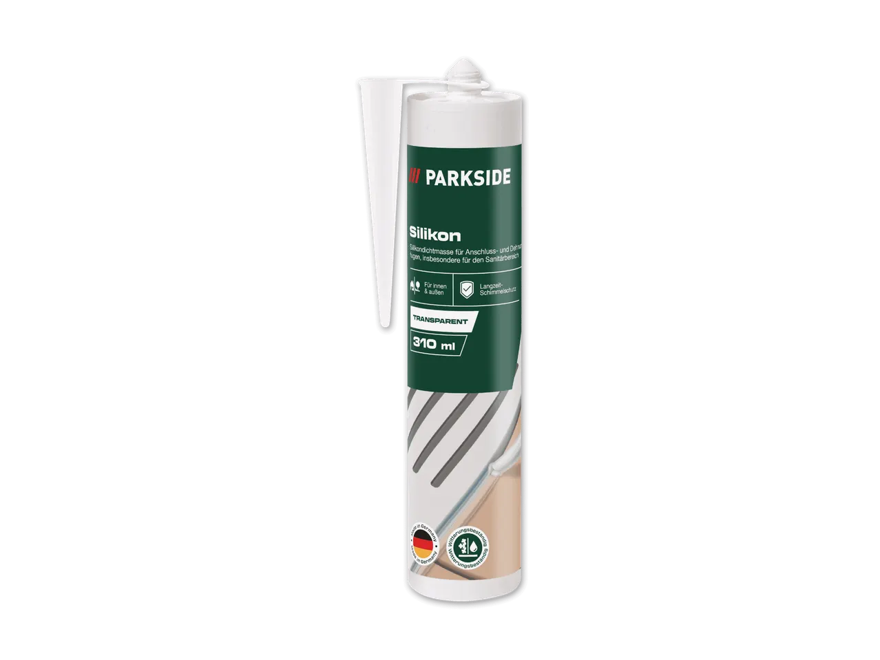 Eine Tube Parkside Silikon-Dichtmasse für den Sanitärbereich.