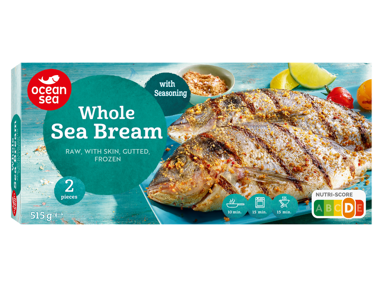 Diepvries hele zeebrasem van het merk Ocean Sea, gekruid, klaar voor grillen, bakken of braden.