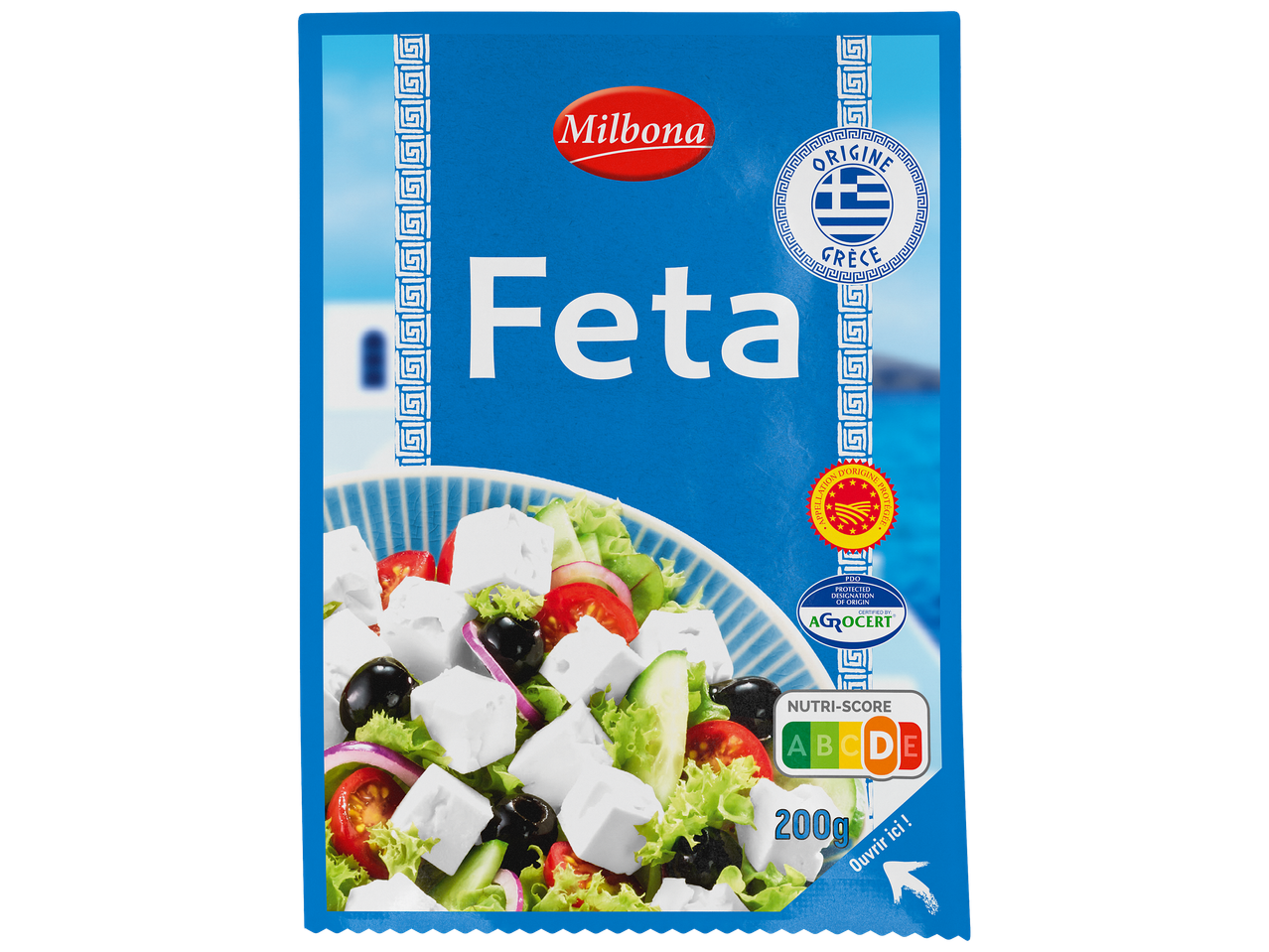 Paquet de feta avec une salade grecque, indiquant l'origine grecque et un Nutri-Score B.