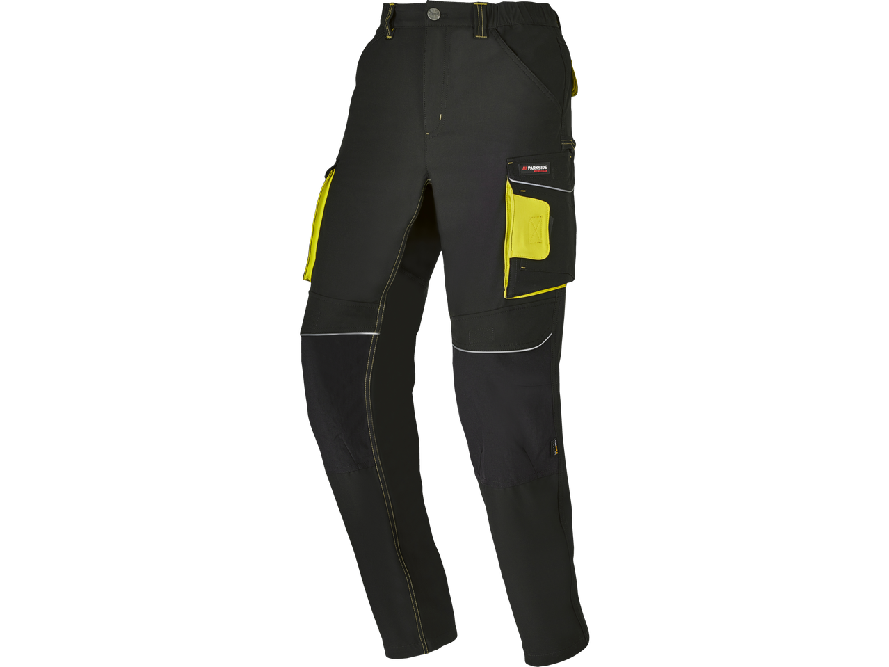 Crne elastične radne hlače s neonsko žutim detaljima i reflektirajućim trakama.