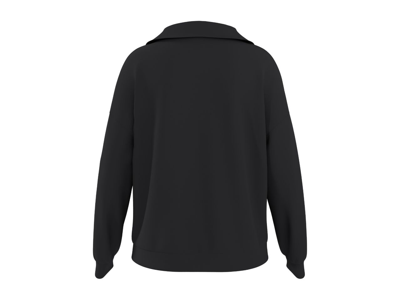 Back view of a black long-sleeved polo shirt with a collar.