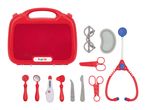 Red toy doctor's kit with stethoscope, scissors, thermometer, and other medical tools.