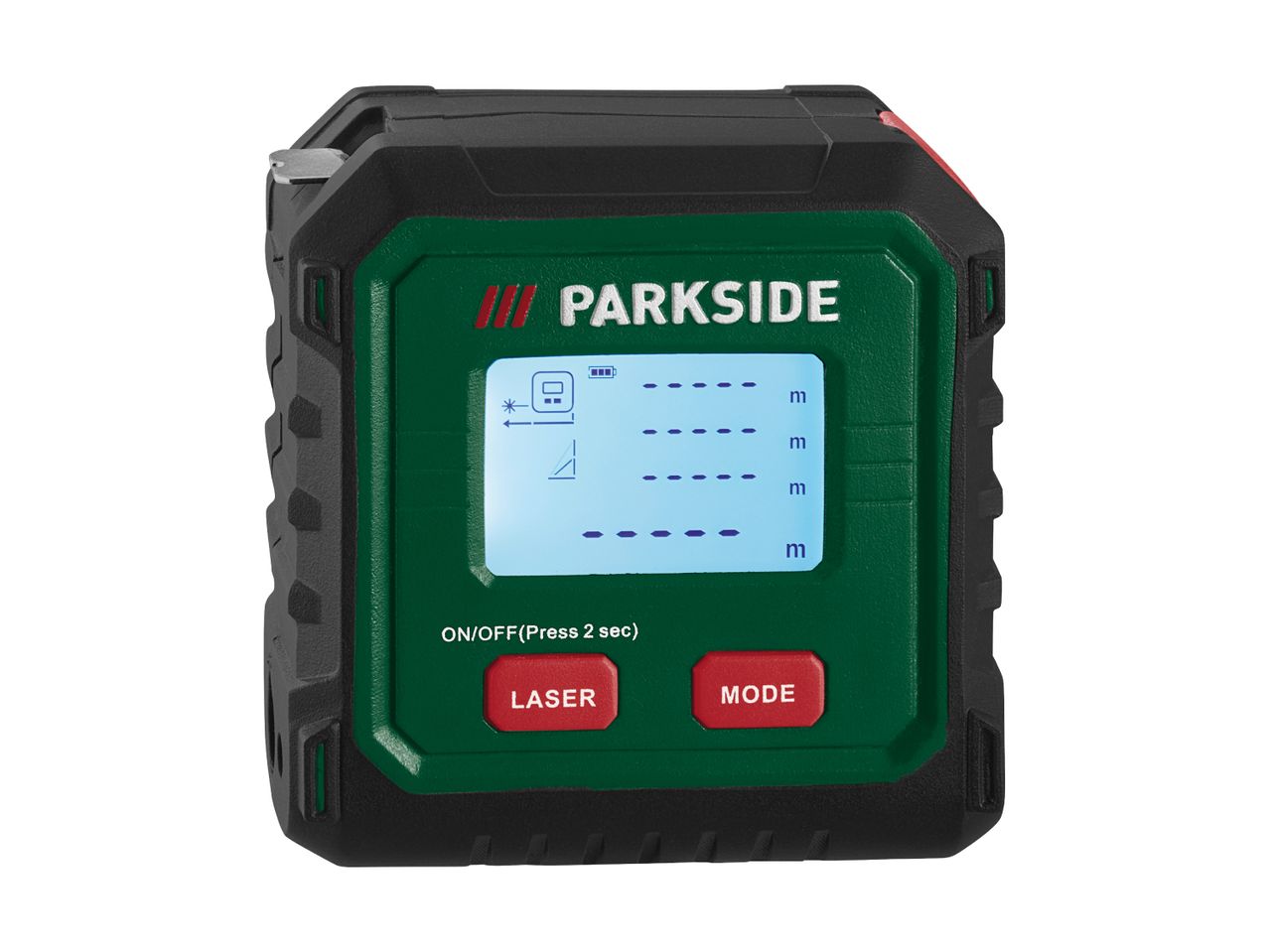 Grøn og sort laserafstandsmåler med digitalt display og røde knapper.