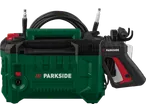 Green and black pressure washer with hose and spray gun.