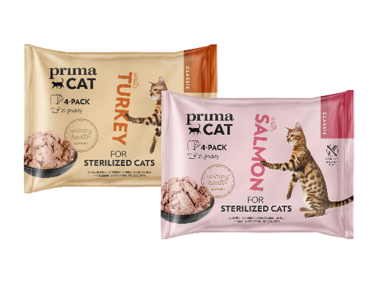 Prima Cat steriliseeritud kassidele mõeldud kalkuni- ja lõhetoit 4-pakkides.