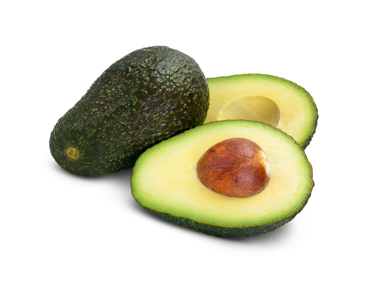 Two ripe avocados, one whole and one halved, showcasing their creamy flesh and large pit.