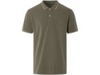 A men's olive green polo shirt with white trim on the collar and sleeves.