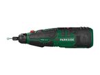 Cordless rotary tool with a grinding bit, 12V lithium battery.