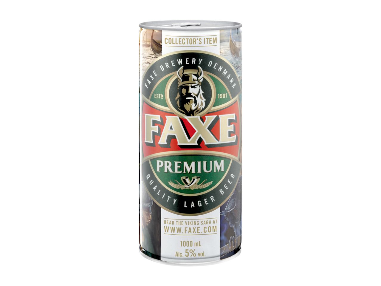 A Faxe Premium Quality Lager Beer can, 1000 mL, 5% alcohol by volume.