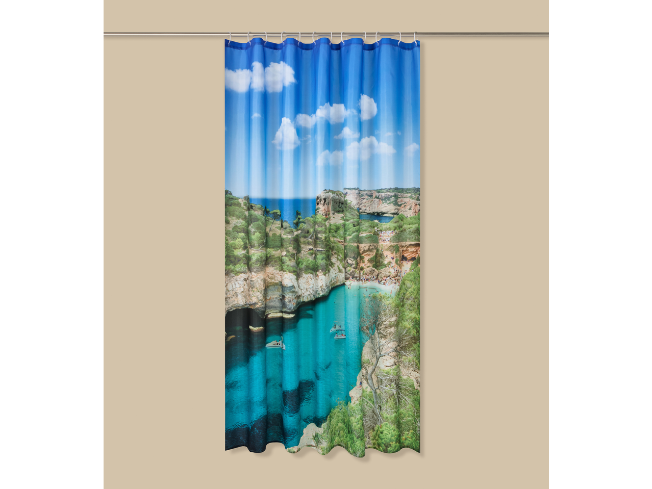 Perdea de duș LIVARNO cu peisaj de plajă și mare turcoaz