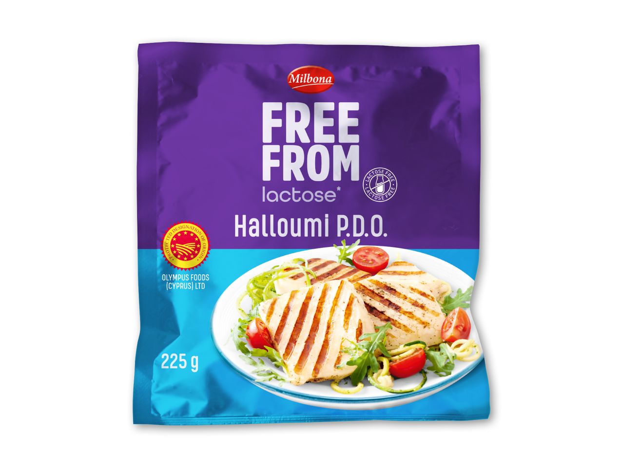 Laktosefri Halloumi P.D.O. i en lilla og blå emballage med et billede af grillet halloumi og salat, 225 g.