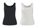 To ensfarvede tanktoppe, en sort og en hvid, med størrelsesmærker.