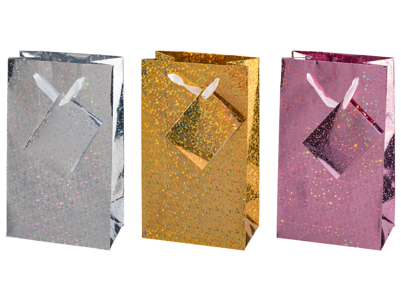 Conjunto de sacos de presente Crelando em prata, dourado e rosa.