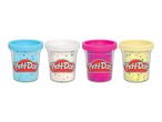 Four tubs of colorful modeling compound with confetti, in blue, white, pink, and yellow.
