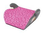 Pink leopard print booster car seat with grey armrests.
