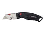 Black and silver utility knife with a red button and a sharp blade.
